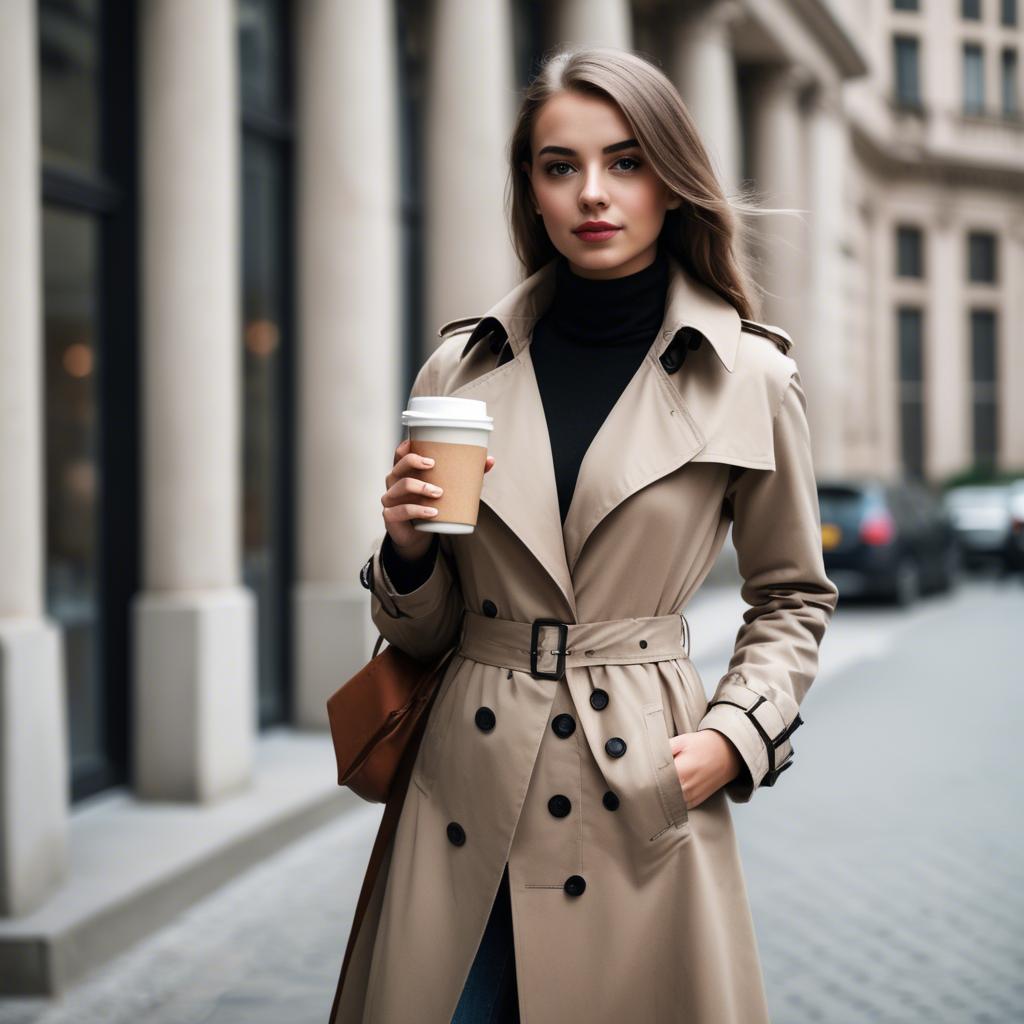 A stunning image of sophisticated girl in a trench coat with a coffee cup.