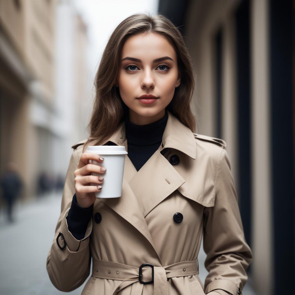 A stunning image of sophisticated girl in a trench coat with a coffee cup.