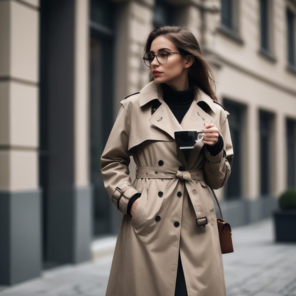 A stunning image of sophisticated girl in a trench coat with a coffee cup.