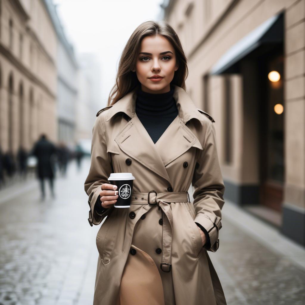 A stunning image of sophisticated girl in a trench coat with a coffee cup.