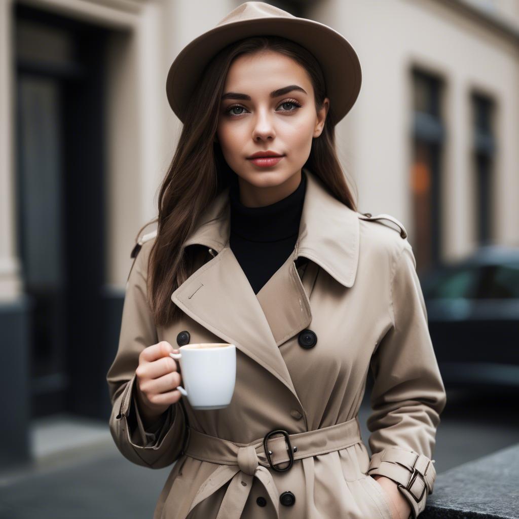 A stunning image of sophisticated girl in a trench coat with a coffee cup.