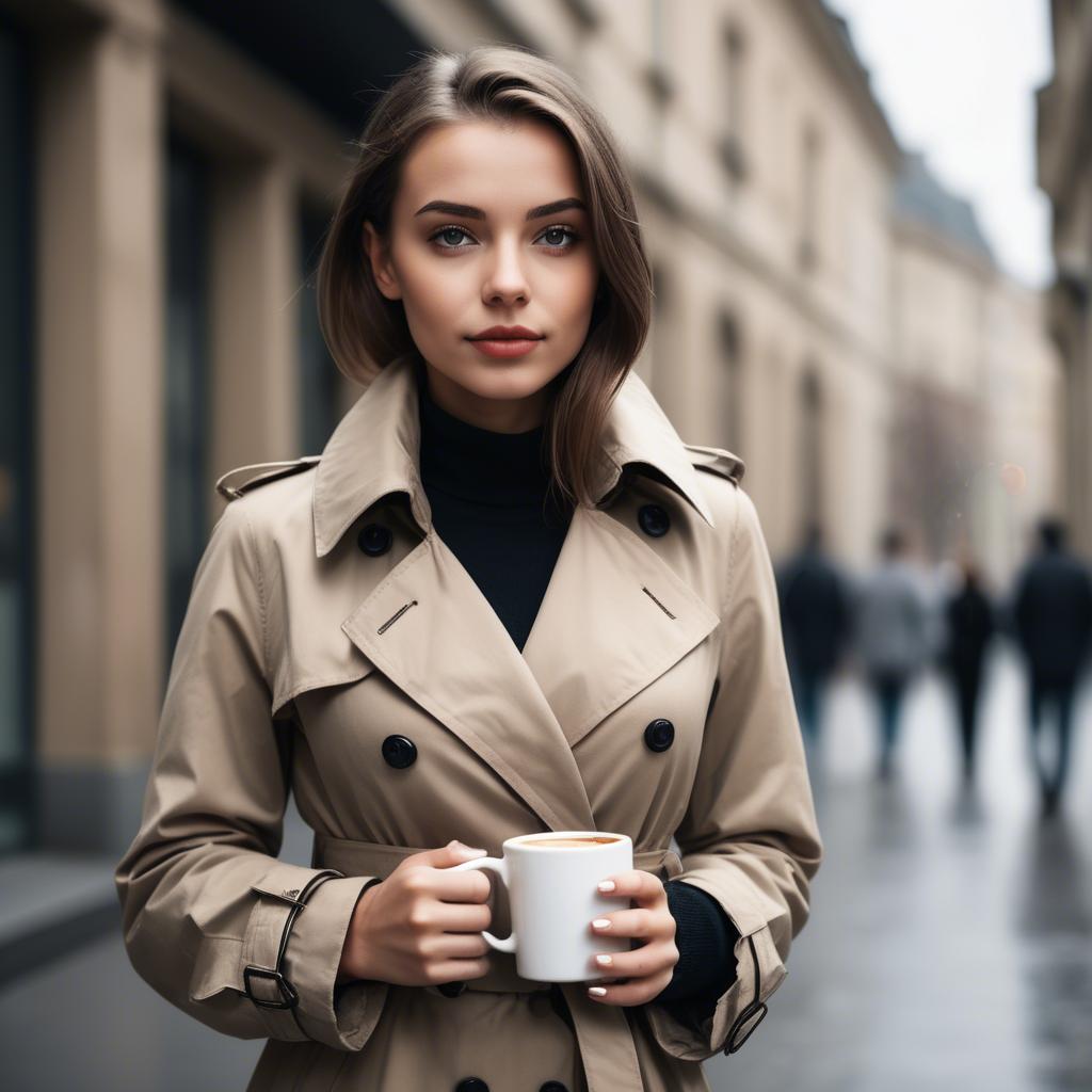 A stunning image of sophisticated girl in a trench coat with a coffee cup.