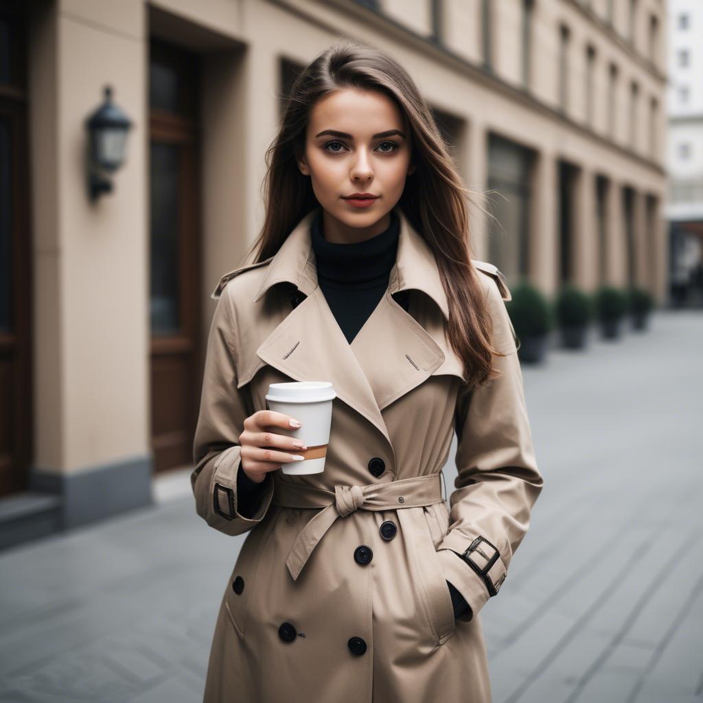 A stunning image of sophisticated girl in a trench coat with a coffee cup.