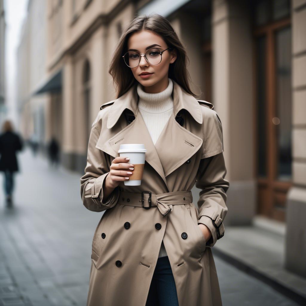 A stunning image of sophisticated girl in a trench coat with a coffee cup.