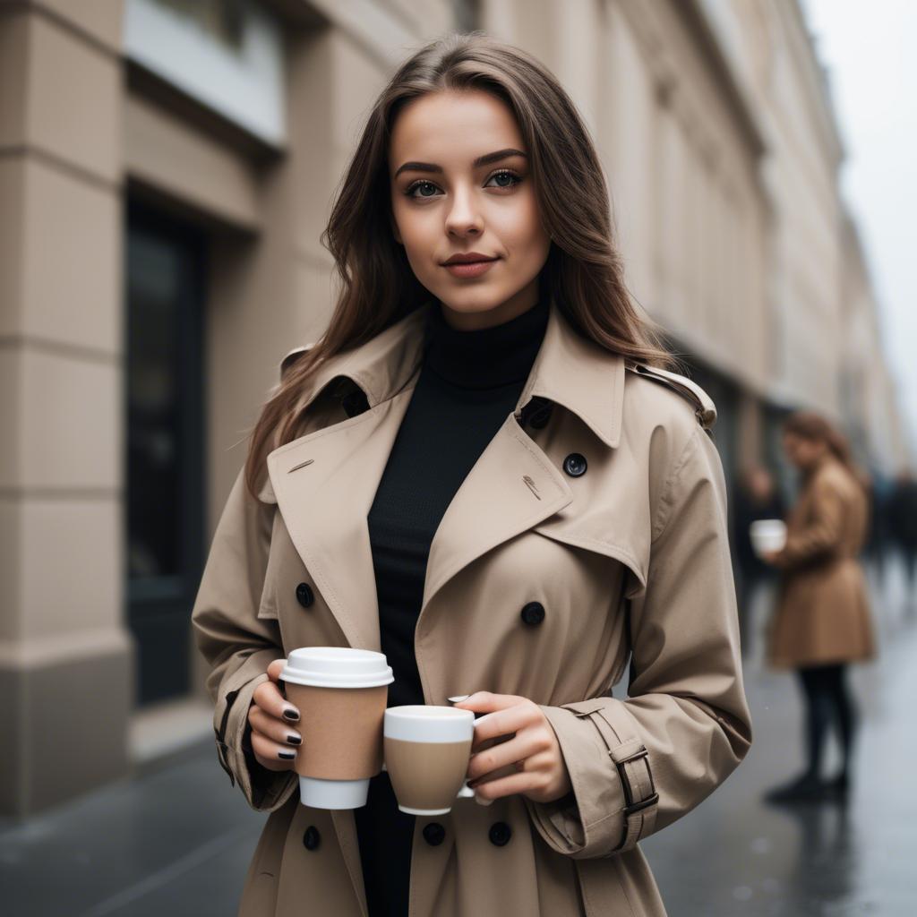 A stunning image of sophisticated girl in a trench coat with a coffee cup.