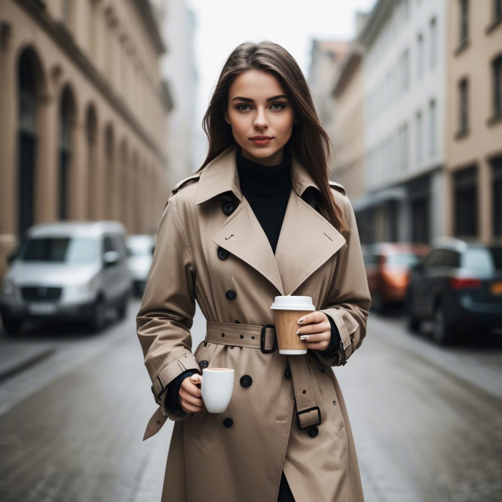A stunning image of sophisticated girl in a trench coat with a coffee cup.