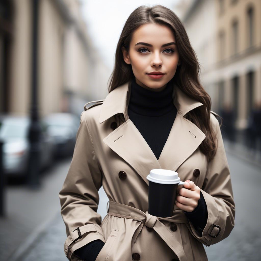 A stunning image of sophisticated girl in a trench coat with a coffee cup.