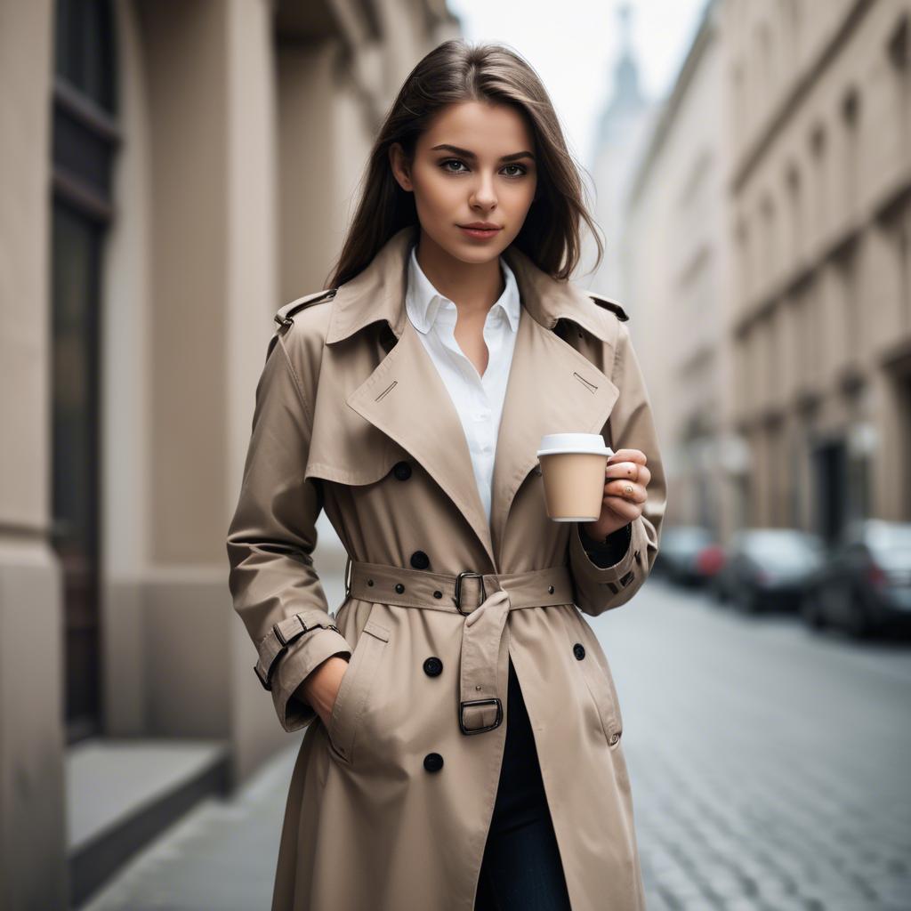 A stunning image of sophisticated girl in a trench coat with a coffee cup.