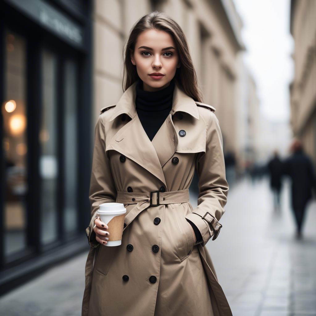 A stunning image of sophisticated girl in a trench coat with a coffee cup.