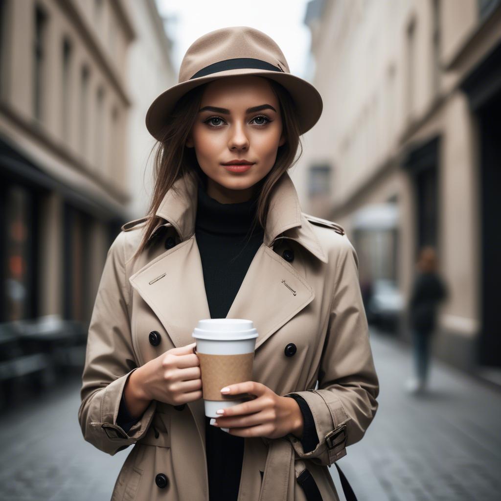 A stunning image of sophisticated girl in a trench coat with a coffee cup.