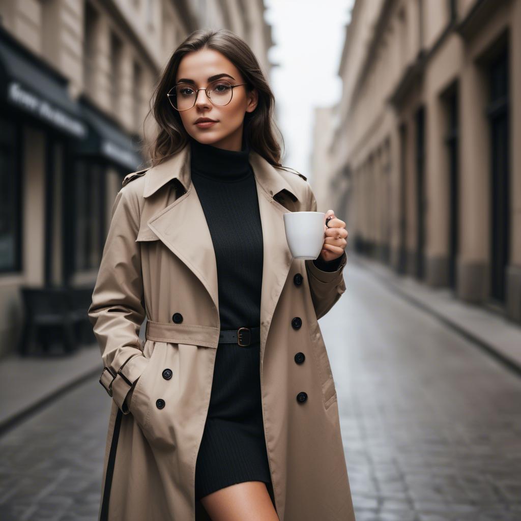 A stunning image of sophisticated girl in a trench coat with a coffee cup.