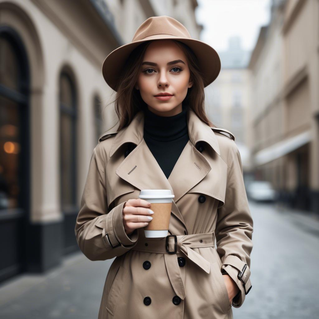 A stunning image of sophisticated girl in a trench coat with a coffee cup.