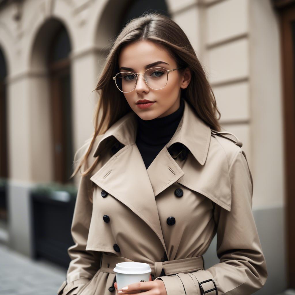 A stunning image of sophisticated girl in a trench coat with a coffee cup.