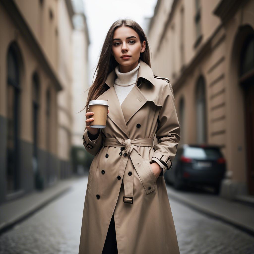 A stunning image of sophisticated girl in a trench coat with a coffee cup.