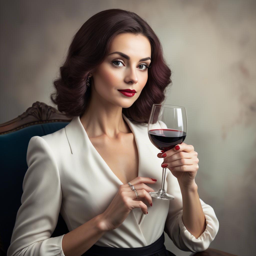 A stunning image of sophisticated lady holding a glass of red wine.
