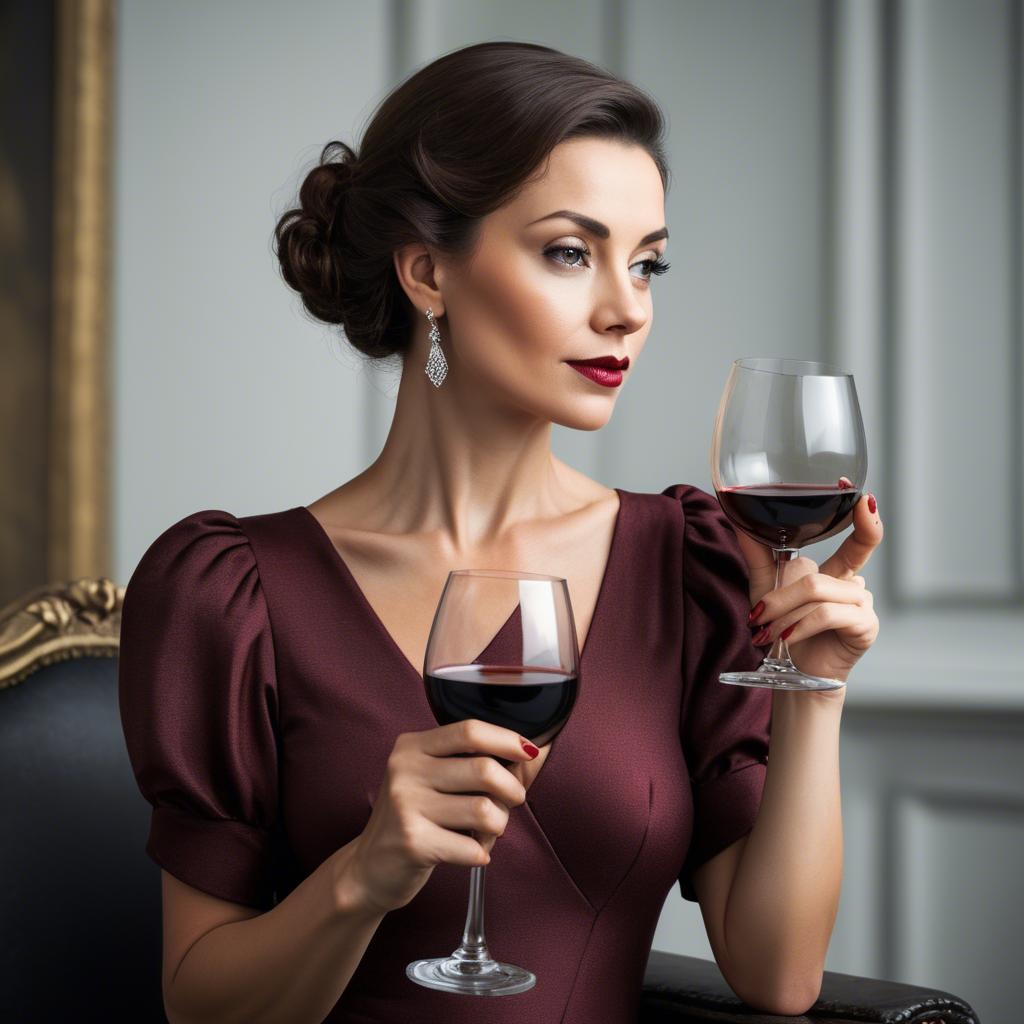 A stunning image of sophisticated lady holding a glass of red wine.
