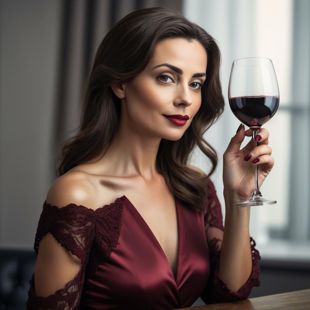 A stunning image of sophisticated lady holding a glass of red wine.