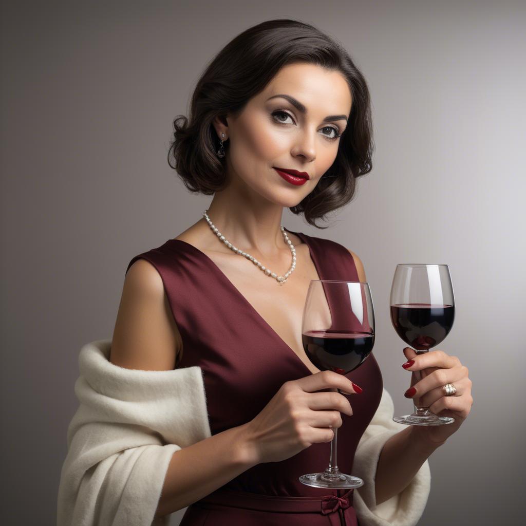 A stunning image of sophisticated lady holding a glass of red wine.