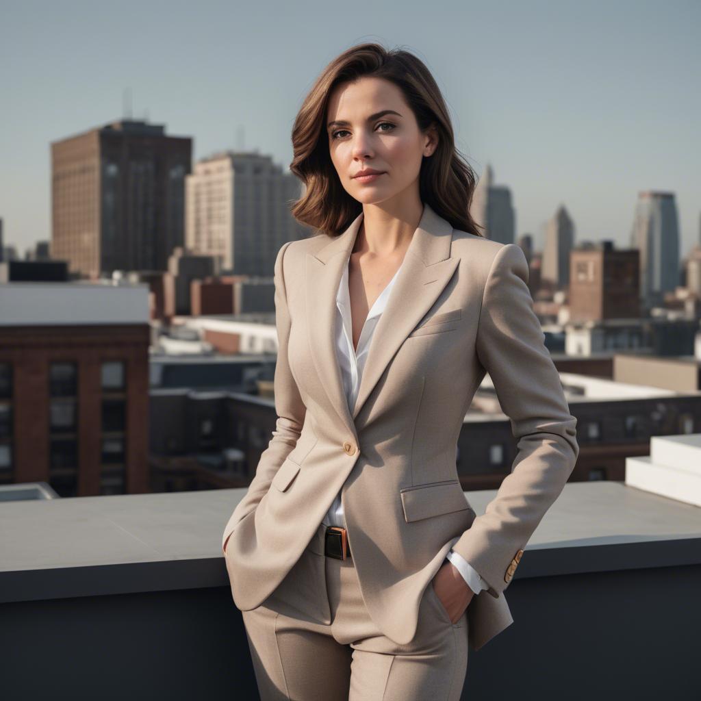 A stunning image of sophisticated lady in a tailored blazer on a rooftop.