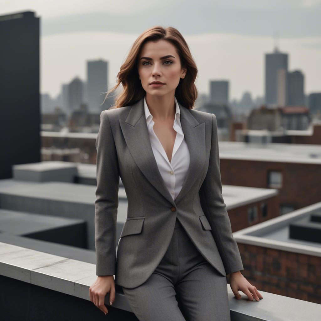 A stunning image of sophisticated lady in a tailored blazer on a rooftop.