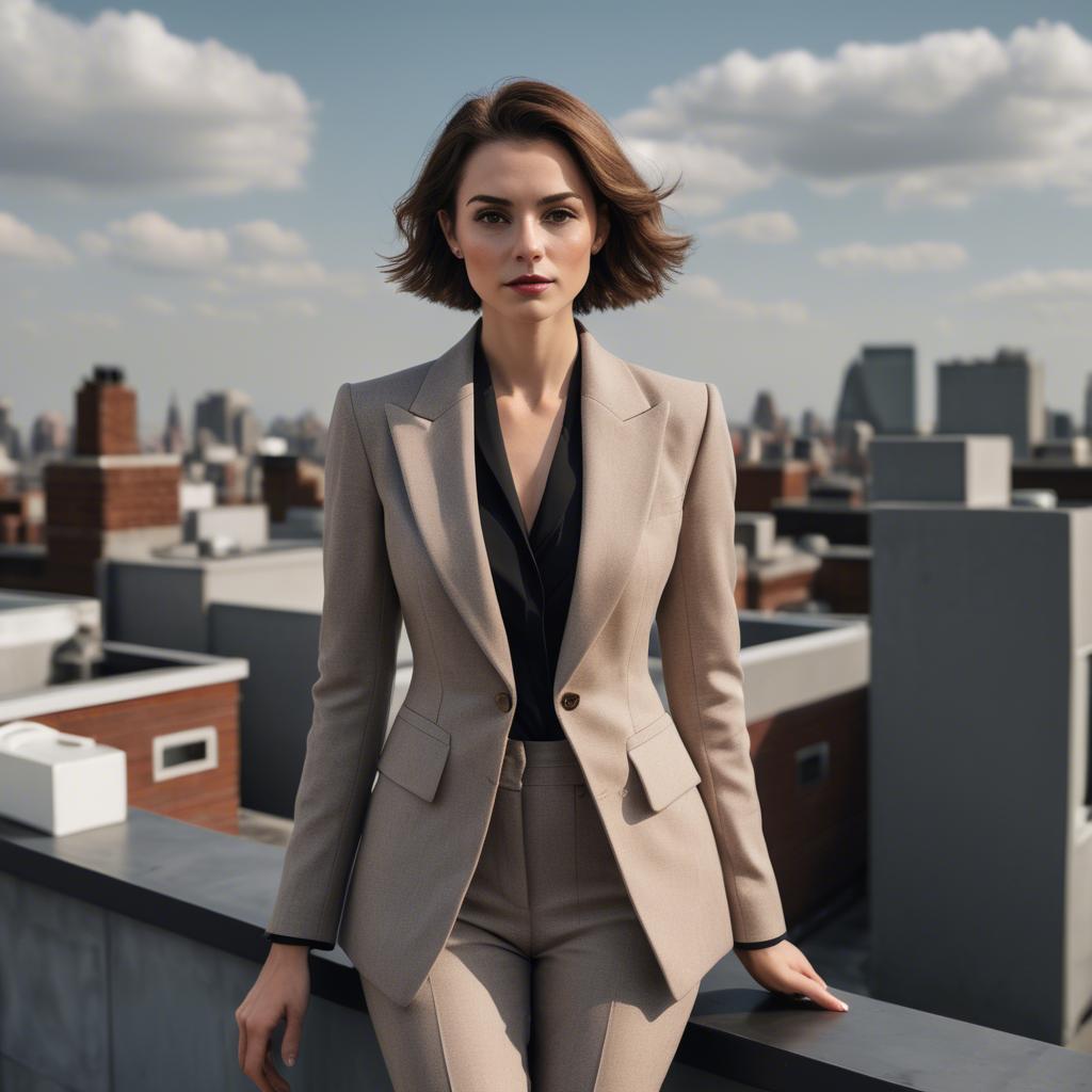 A stunning image of sophisticated lady in a tailored blazer on a rooftop.