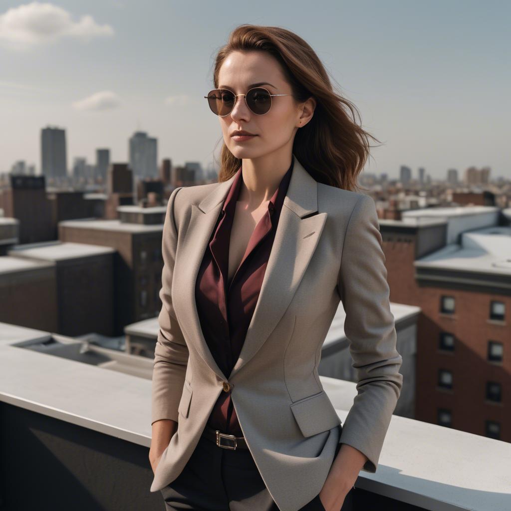 A stunning image of sophisticated lady in a tailored blazer on a rooftop.