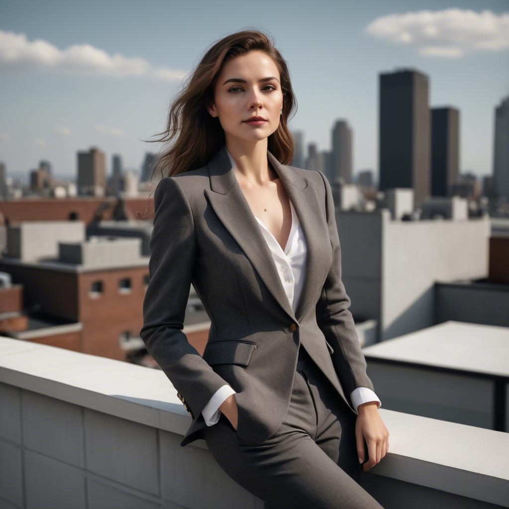 A stunning image of sophisticated lady in a tailored blazer on a rooftop.