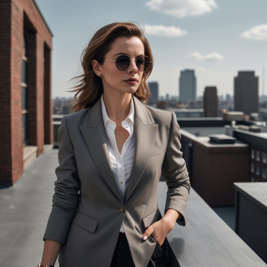 A stunning image of sophisticated lady in a tailored blazer on a rooftop.