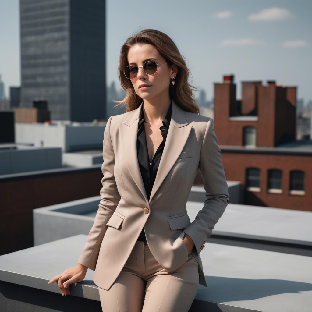 A stunning image of sophisticated lady in a tailored blazer on a rooftop.
