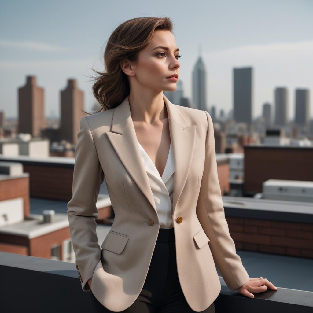 A stunning image of sophisticated lady in a tailored blazer on a rooftop.