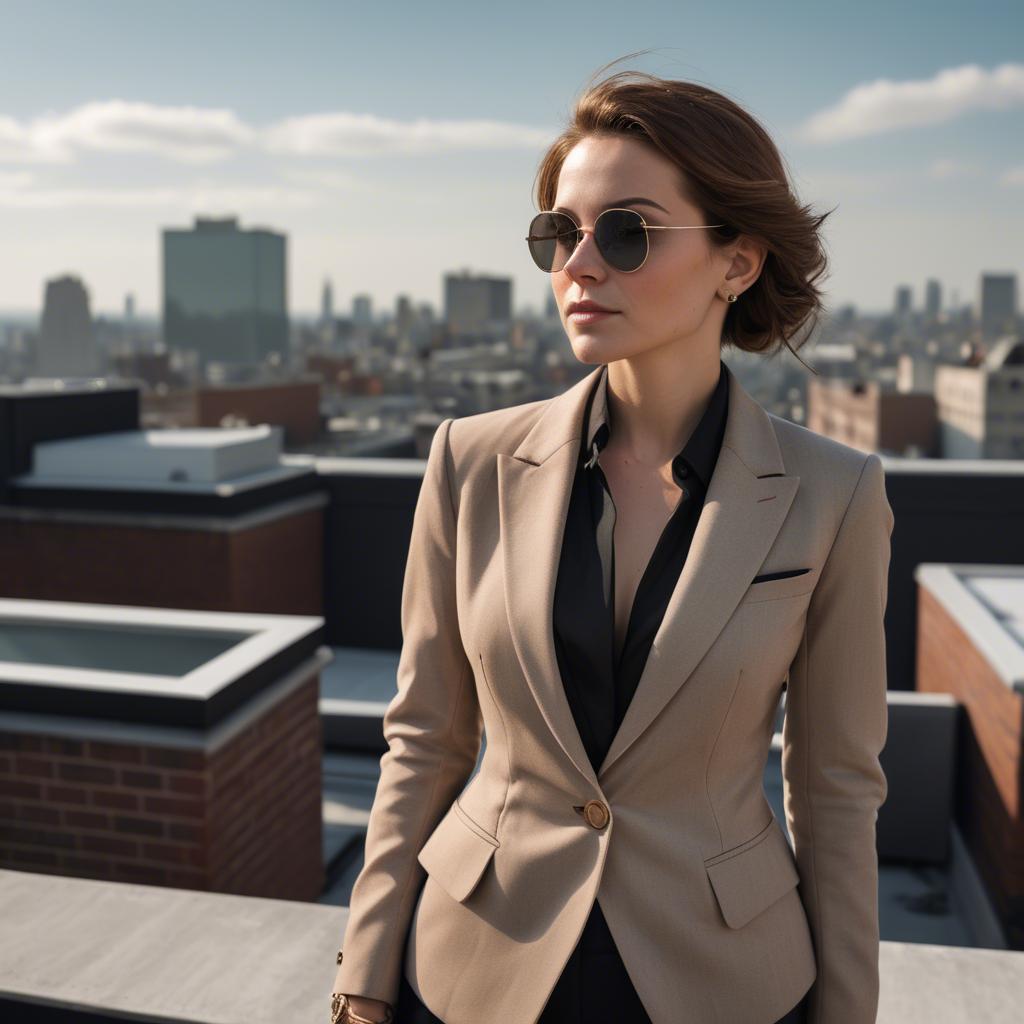 A stunning image of sophisticated lady in a tailored blazer on a rooftop.
