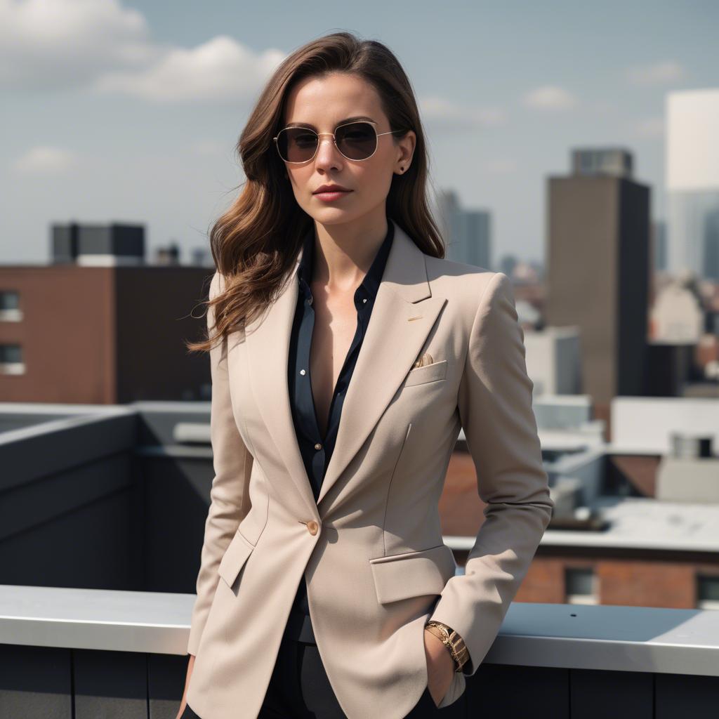 A stunning image of sophisticated lady in a tailored blazer on a rooftop.