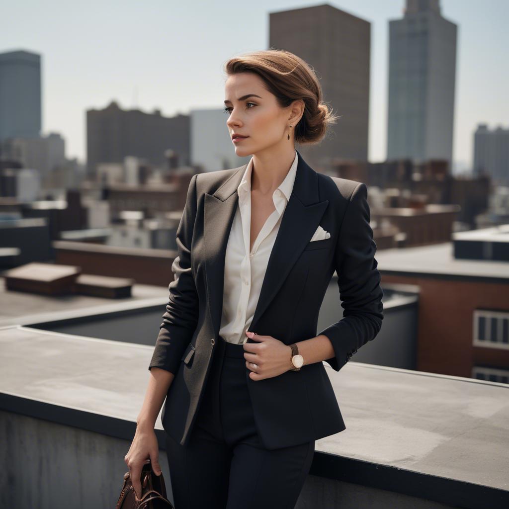 A stunning image of sophisticated lady in a tailored blazer on a rooftop.