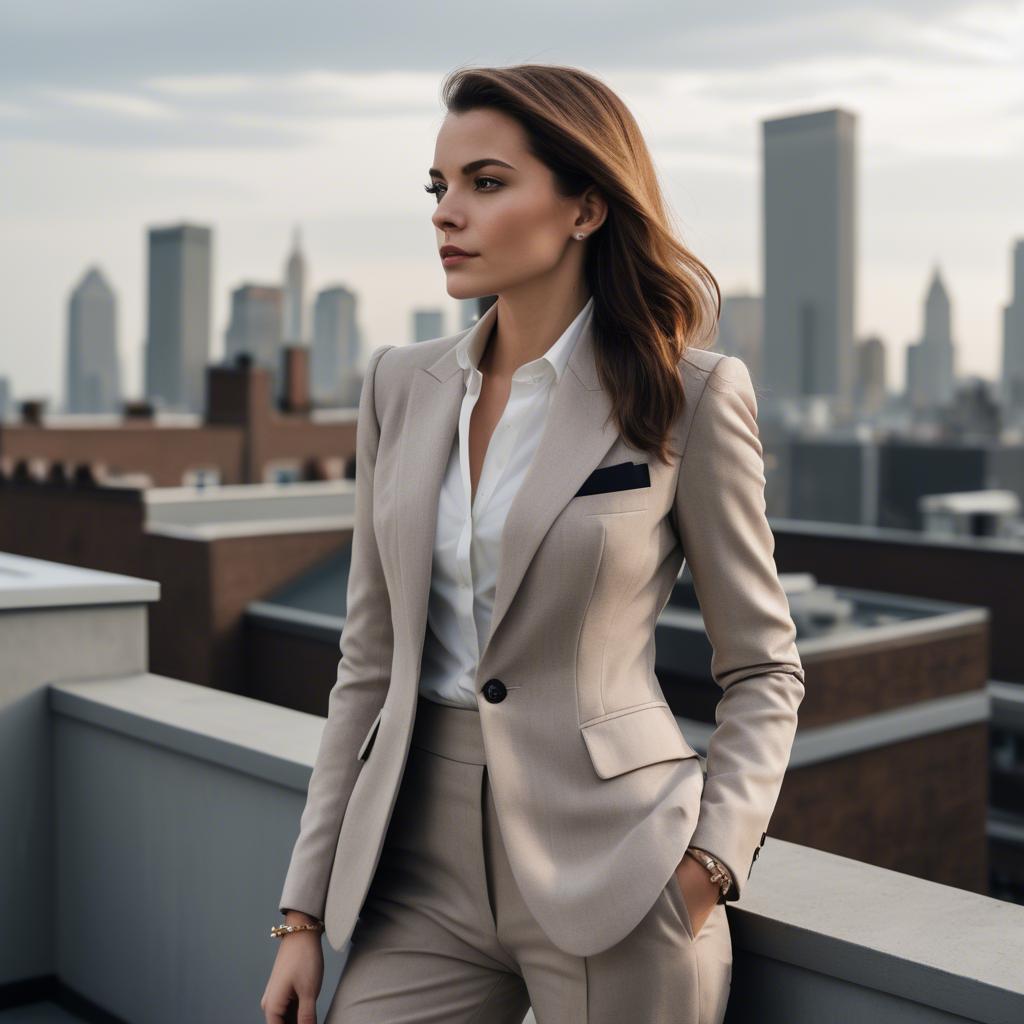 A stunning image of sophisticated lady in a tailored blazer on a rooftop.