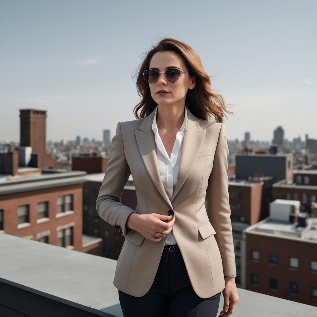 A stunning image of sophisticated lady in a tailored blazer on a rooftop.