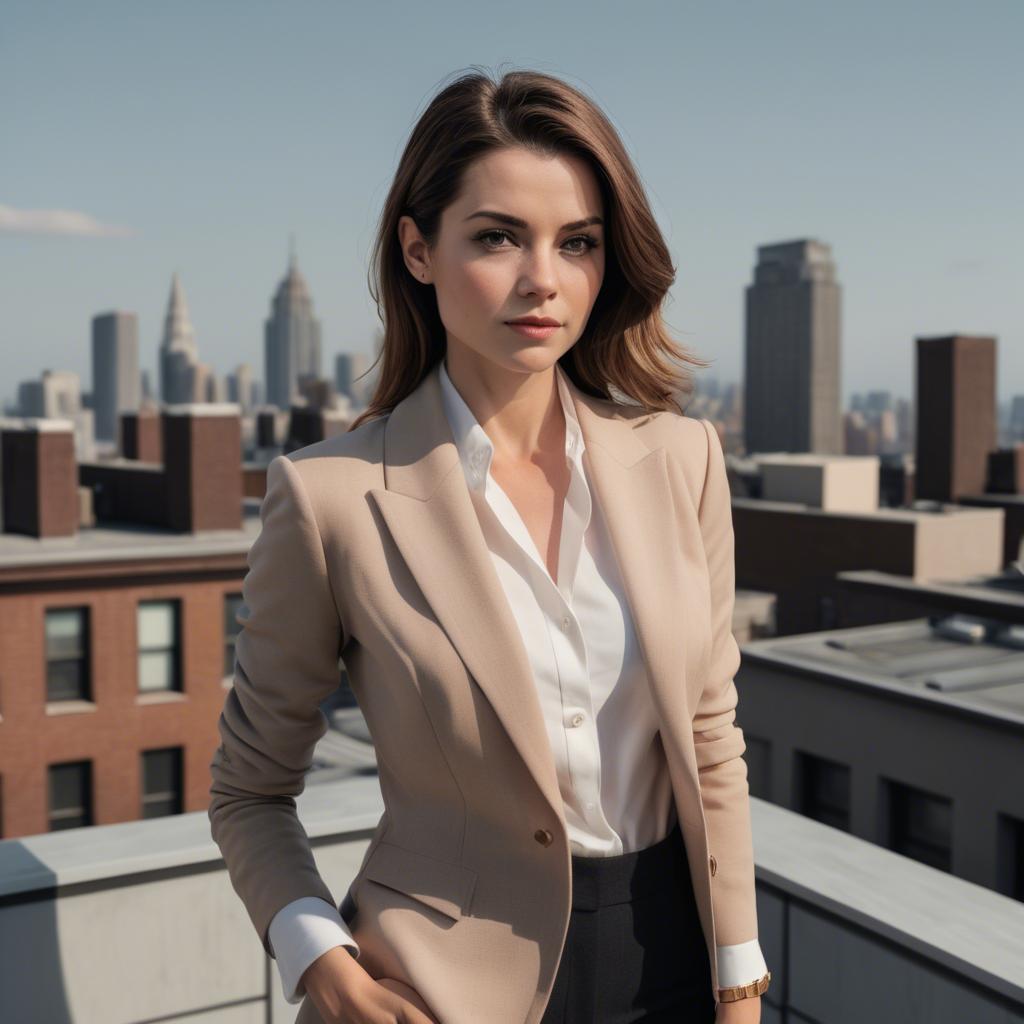 A stunning image of sophisticated lady in a tailored blazer on a rooftop.