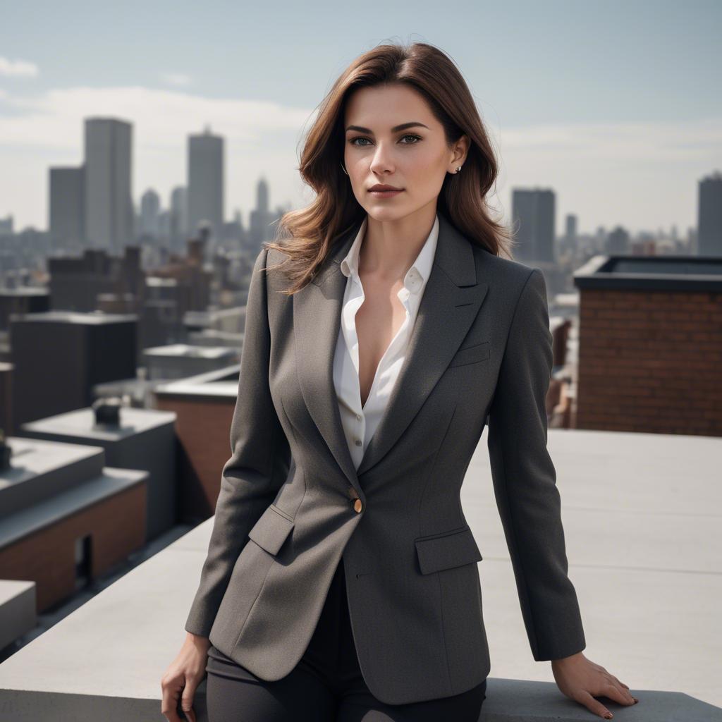A stunning image of sophisticated lady in a tailored blazer on a rooftop.