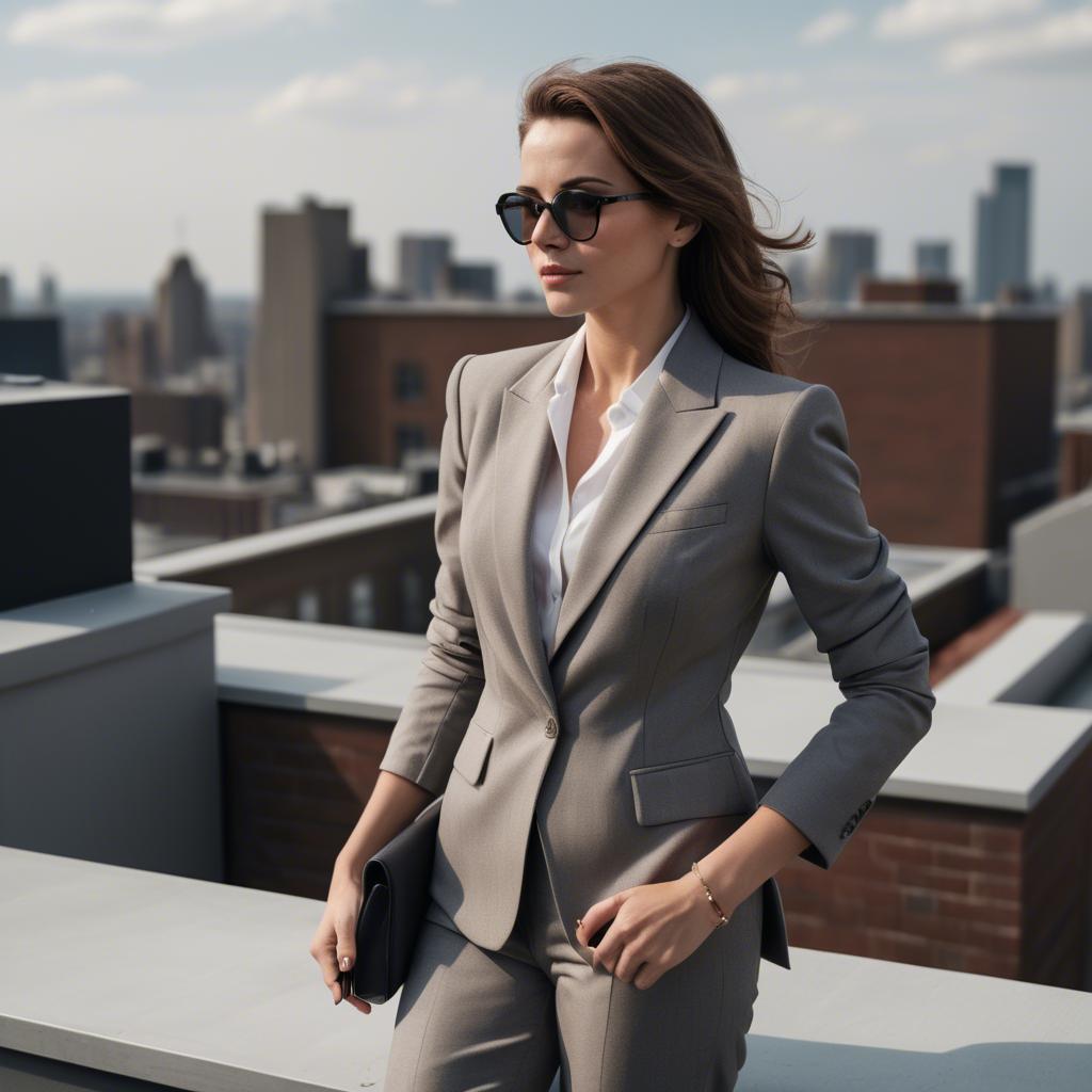 A stunning image of sophisticated lady in a tailored blazer on a rooftop.