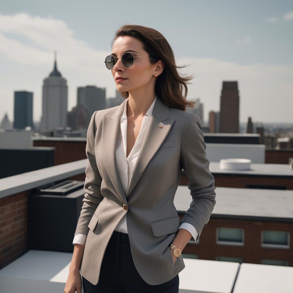 A stunning image of sophisticated lady in a tailored blazer on a rooftop.