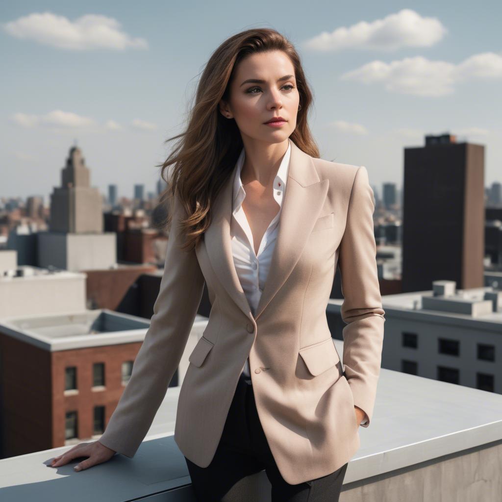 A stunning image of sophisticated lady in a tailored blazer on a rooftop.
