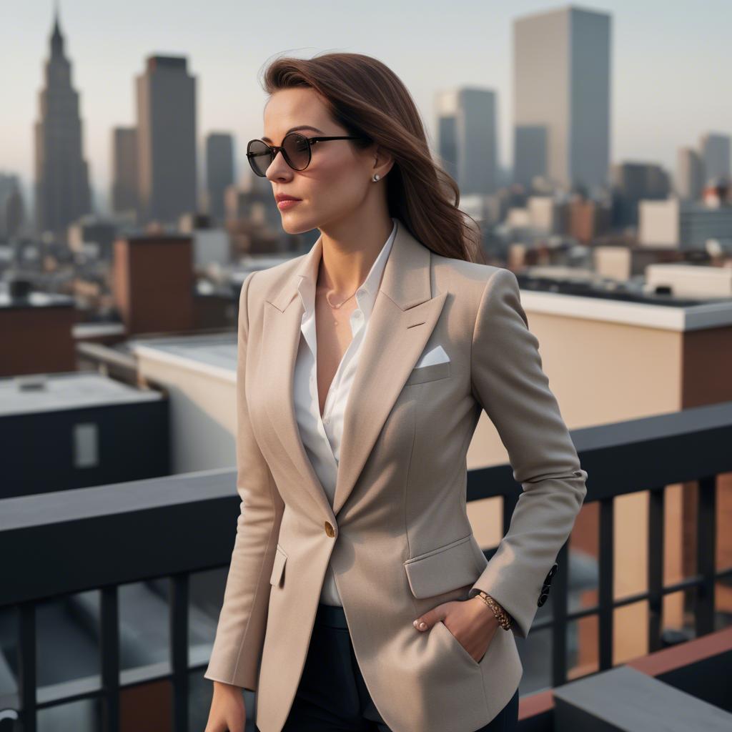 A stunning image of sophisticated lady in a tailored blazer on a rooftop.