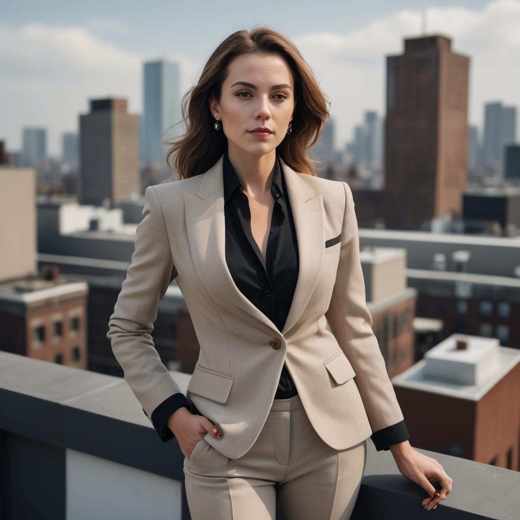 A stunning image of sophisticated lady in a tailored blazer on a rooftop.