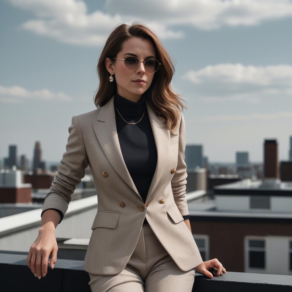 A stunning image of sophisticated lady in a tailored blazer on a rooftop.
