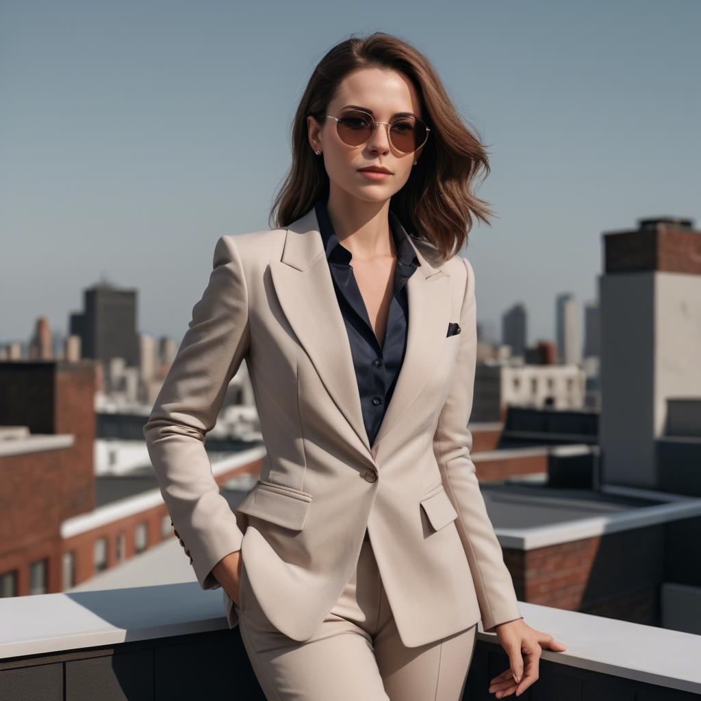 A stunning image of sophisticated lady in a tailored blazer on a rooftop.