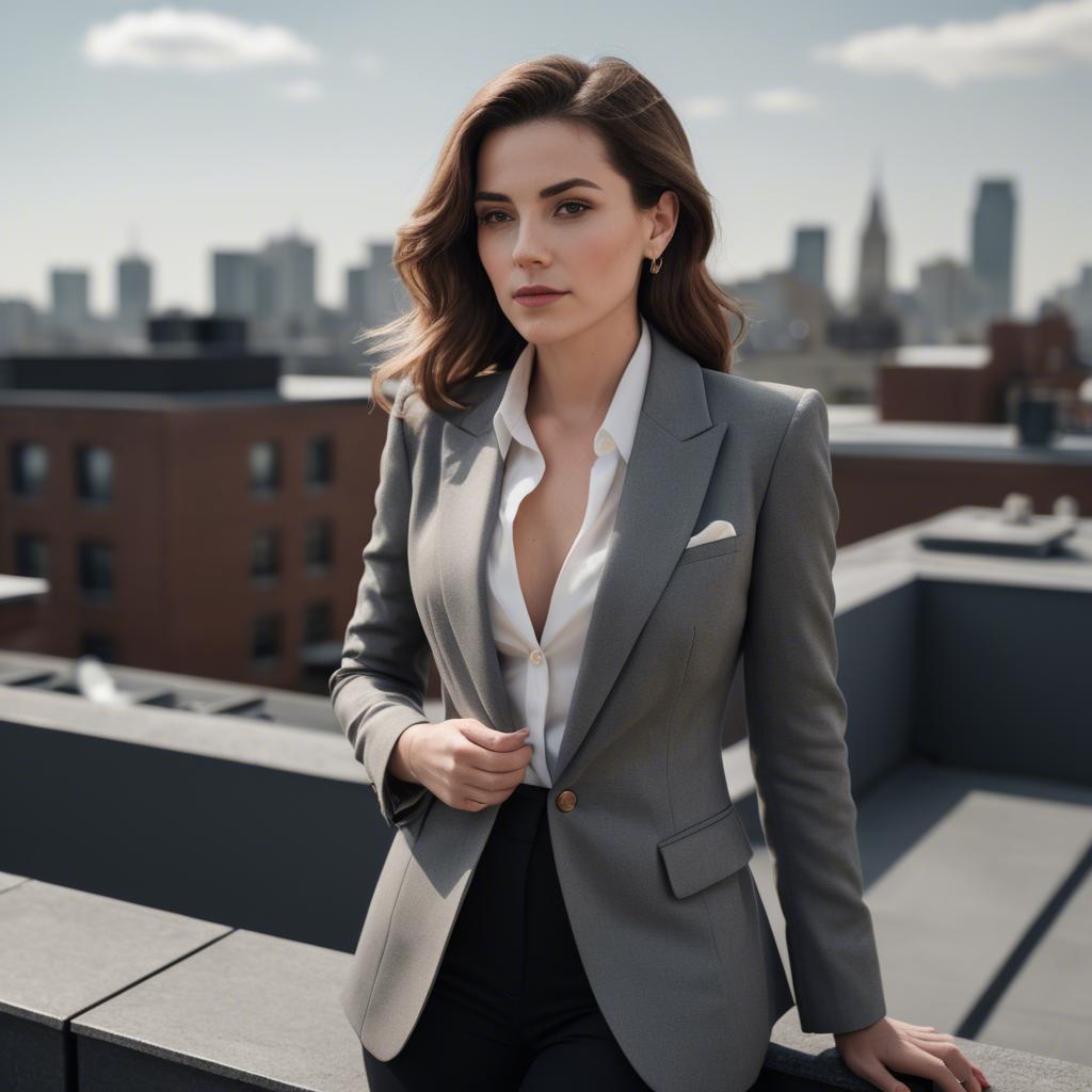 A stunning image of sophisticated lady in a tailored blazer on a rooftop.