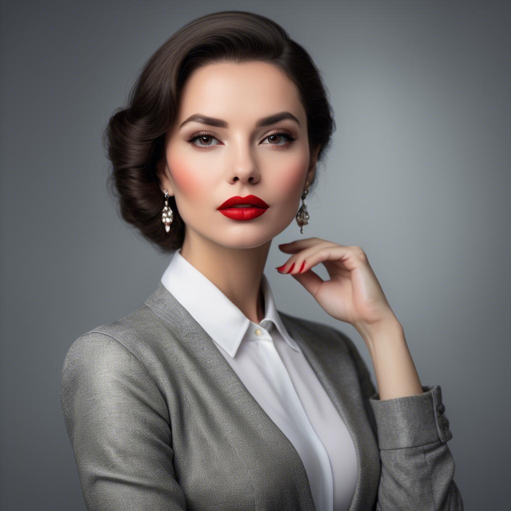 A stunning image of sophisticated lady with red lips and a confident gaze.
