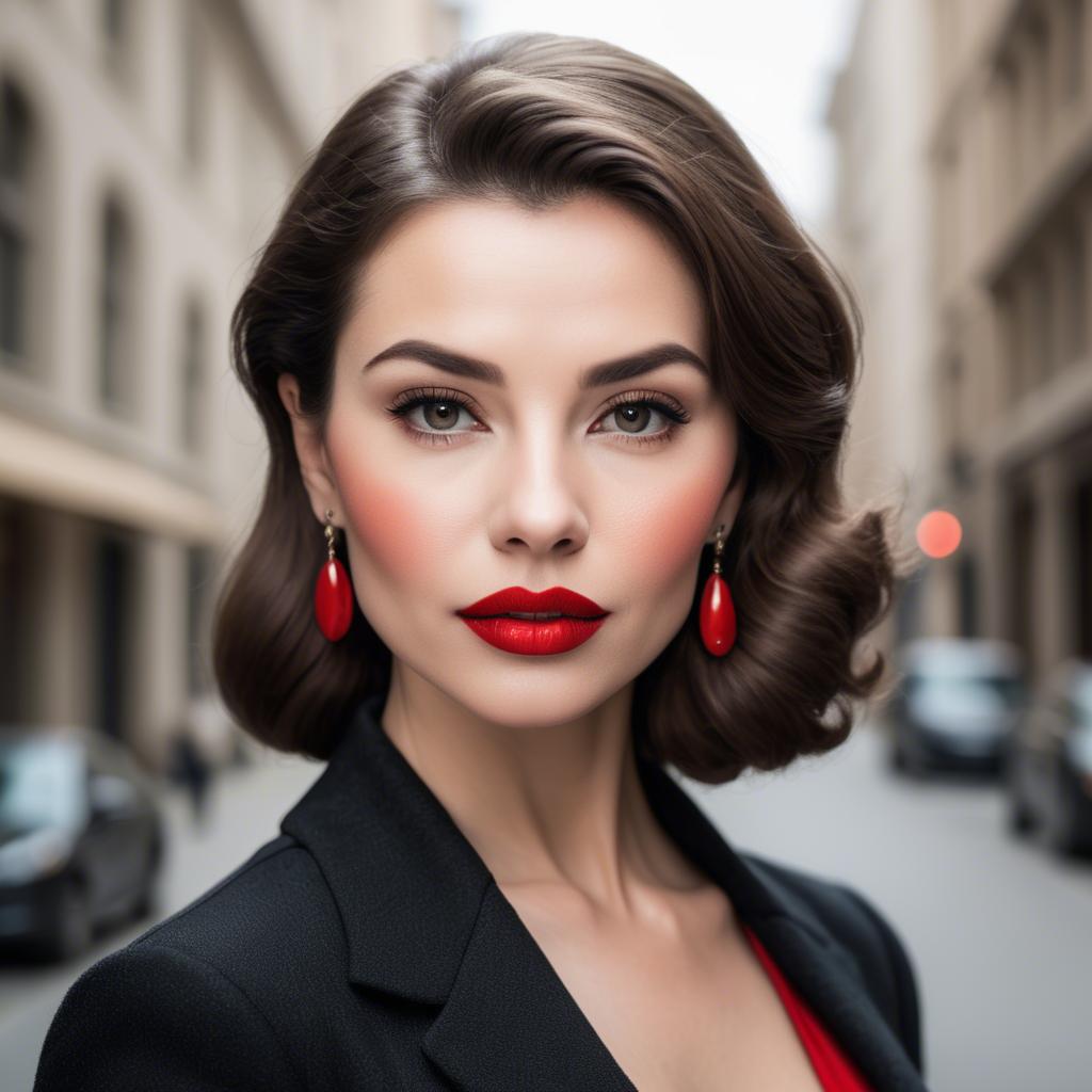 A stunning image of sophisticated lady with red lips and a confident gaze.