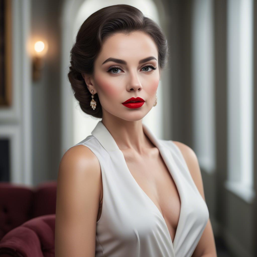 A stunning image of sophisticated lady with red lips and a confident gaze.