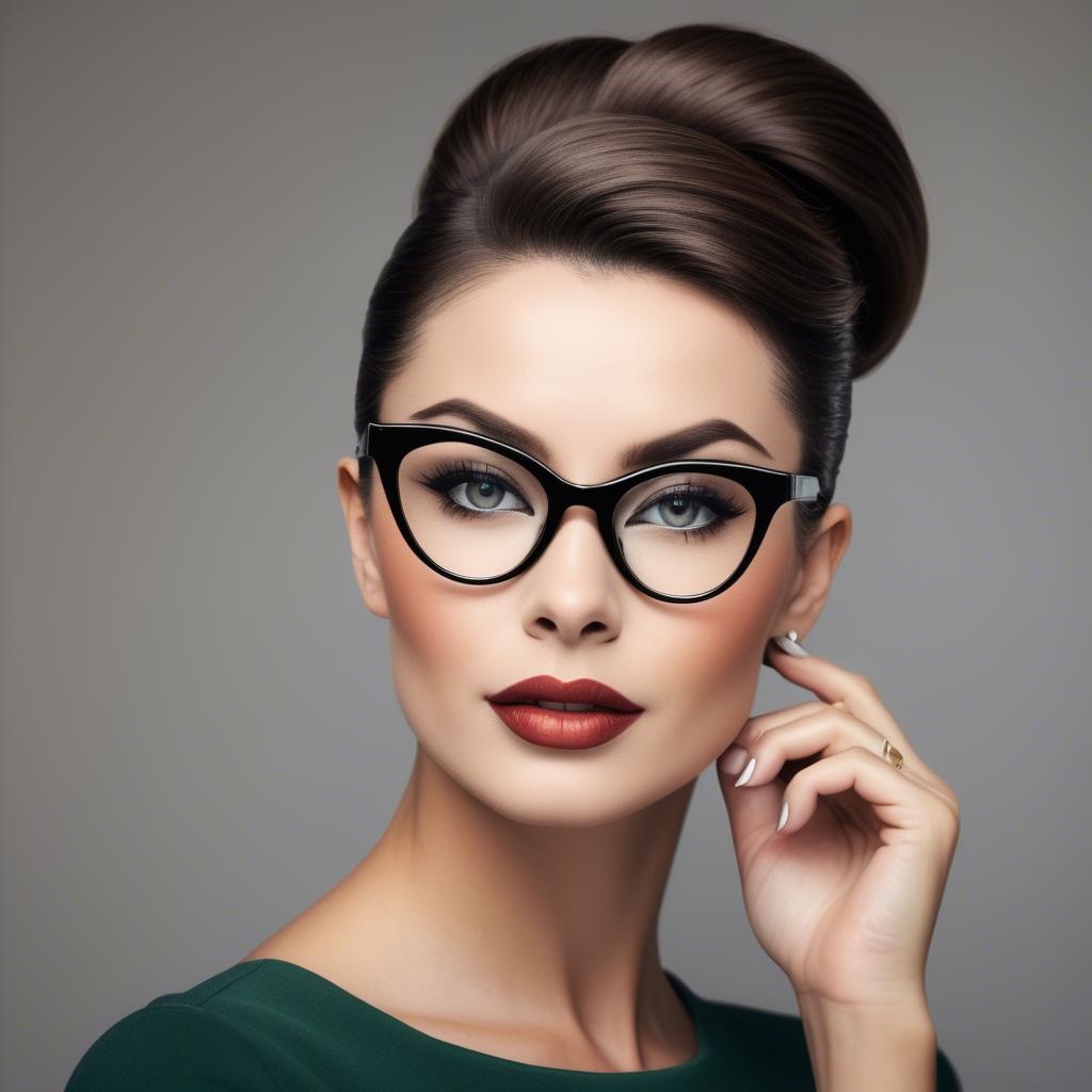 A stunning image of sophisticated lady with sleek hair and cat-eye glasses.