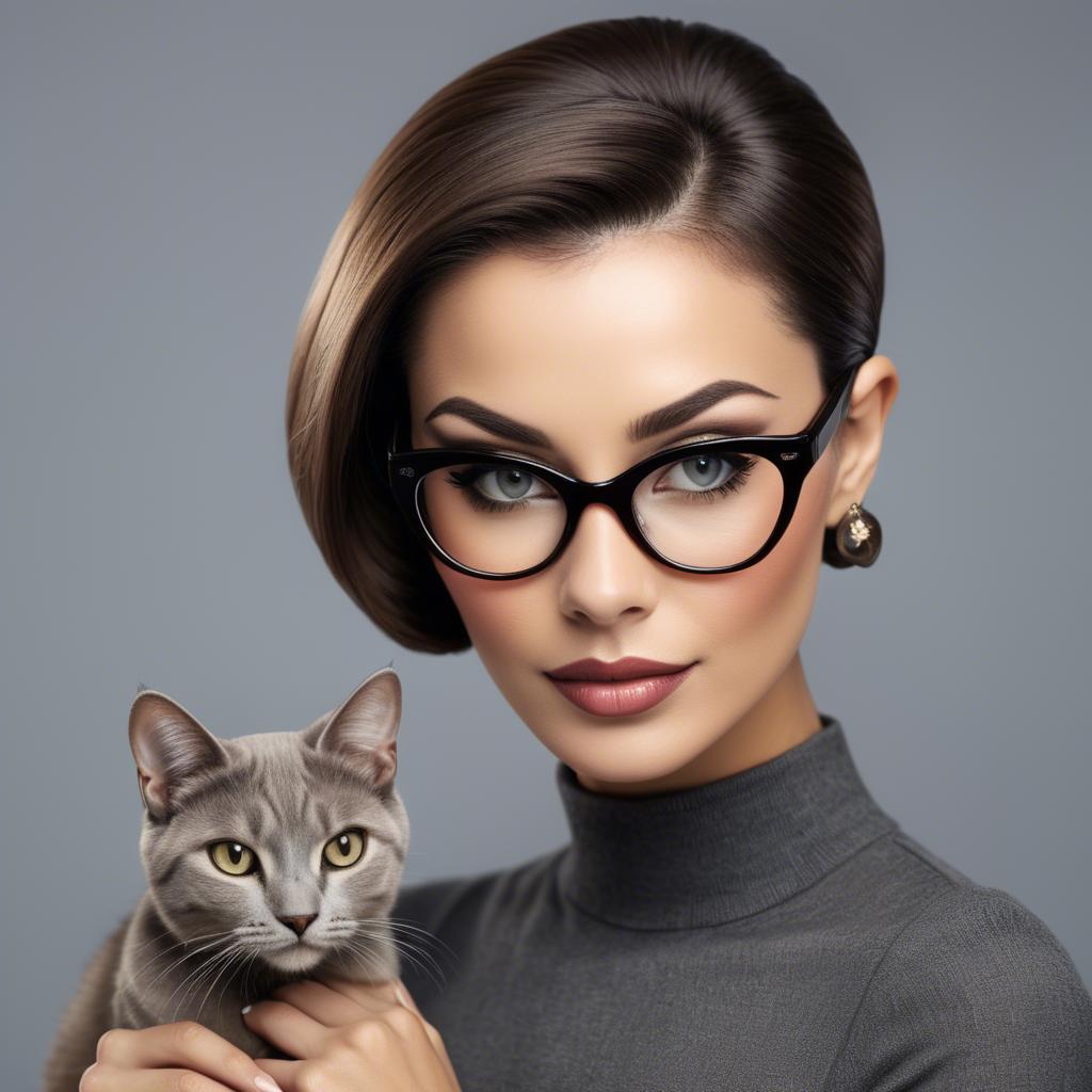 A stunning image of sophisticated lady with sleek hair and cat-eye glasses.